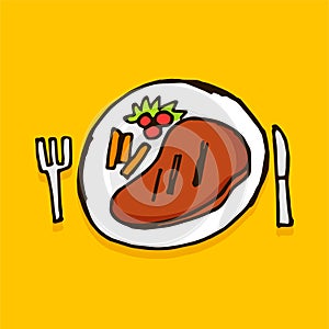 Vector illsutration of thin black outline steak on plate with fork and knife isolated on yellow background.