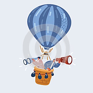 Vector illuatration of balloon and business people to search in air. Team fly with ballon use tellescope to searching