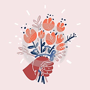 Vector illuatration of Hand holding a bouquet of different flowers.