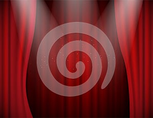 Vector illuminated red velvet open curtains in theatre or concert hall