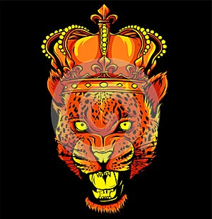 vector illustartion of Leopard Head with crown on black background