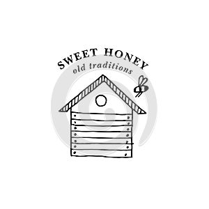 Vector illustartion logo and design template or badge. Organic and eco honey label- bees hibe. Linear style.