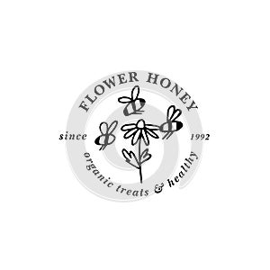 Vector illustartion logo and design template or badge. Organic and eco honey label- flower for honey. Linear style.