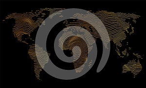 Vector illustartion of striped gold colored world map on black background