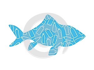 Vector illustation with isolated white outline icons of plactic bottles in the World ocean framed by fish silhouette. Plastic