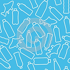 Vector illustation seamless pattern with isolated icons of plactic and glass bottles. World ocean pollution.