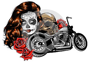 Vector illustation vintage chopper motorcycle and roses poster