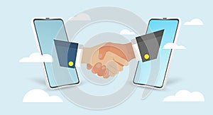 Illustration of hand shake via two mobile phone. Cybersecurity of zero trust and verification concept. Secure connection photo