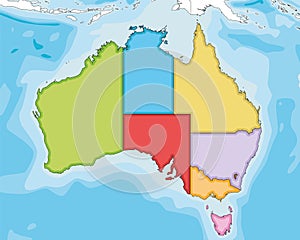 Vector illustrated blank map of Australia with regions and administrative divisions, and neighbouring countries and territories.