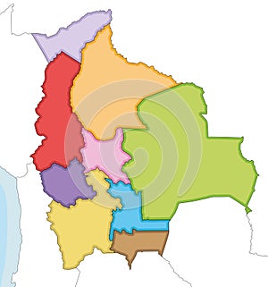 Vector illustrated blank map of Bolivia with departments and administrative divisions, and neighbouring countries.