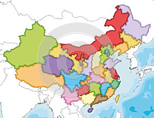 Vector illustrated blank map of China with provinces, regions and administrative divisions, and neighbouring countries.