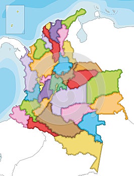 Vector illustrated blank map of Colombia with departments, capital region and administrative divisions, and neighbouring countries