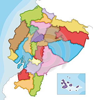 Vector illustrated blank map of Ecuador with provinces and administrative divisions, and neighbouring countries.