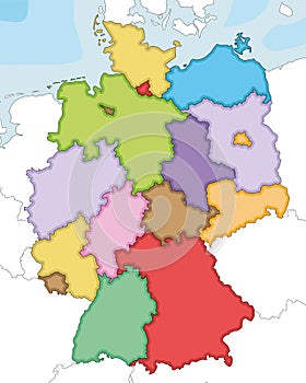 Vector illustrated blank map of Germany with federated states or regions and administrative divisions, and neighbouring countries