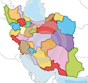 Vector illustrated blank map of Iran with provinces and administrative divisions, and neighbouring countries