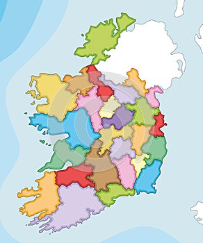 Vector illustrated blank map of Ireland with counties and administrative divisions, and neighbouring countries