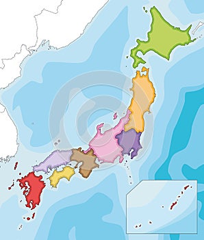 Vector illustrated blank map of Japan with regions and administrative divisions, and neighbouring countries