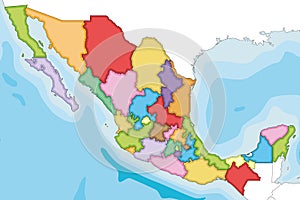 Vector illustrated blank map of Mexico with regions or states and administrative divisions, and neighbouring countries.