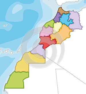 Vector illustrated blank map of Morocco with regions and administrative divisions, and neighbouring countries