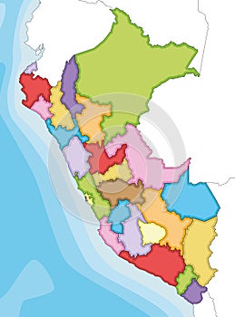 Vector illustrated blank map of Peru with departments, provinces and administrative divisions, and neighbouring countries.