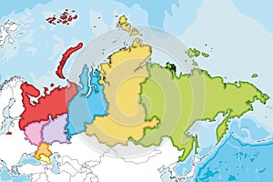 Vector illustrated blank map of Russia with regions or federal districts and administrative divisions, and neighbouring countries