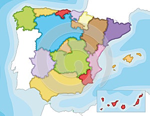 Vector illustrated blank map of Spain with regions and territories and administrative divisions, and neighbouring countries.