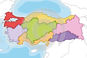 Vector illustrated blank map of Turkey with regions and geographical divisions, and neighbouring countries