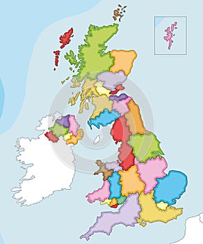 Vector illustrated blank map of UK with administrative divisions, and neighbouring countries. Editable and clearly labeled layers