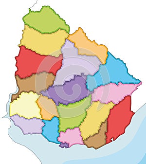 Vector illustrated blank map of Uruguay with departments and administrative divisions, and neighbouring countries.