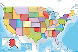 Vector illustrated blank map of USA with states and administrative divisions, and neighbouring countries.