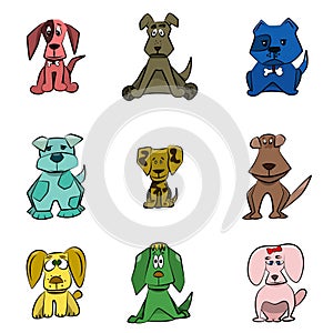 Vector illustrated dogs. Cartoon collection of nine different puppy.