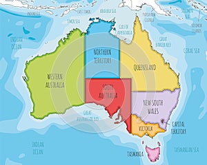 Vector illustrated map of Australia with regions and administrative divisions, and neighbouring countries and territories.