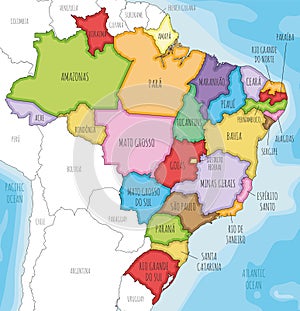 Vector illustrated map of Brazil with states and administrative divisions, and neighbouring countries and territories.