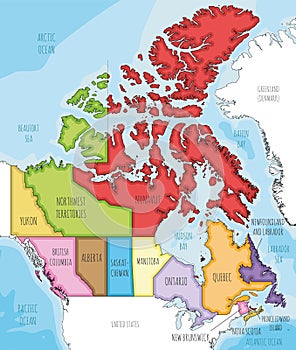 Vector illustrated map of Canada with provinces and territories and administrative divisions, and neighbouring countries