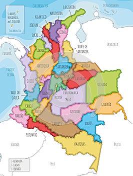 Vector illustrated map of Colombia with departments, capital region and administrative divisions, and neighbouring countries.