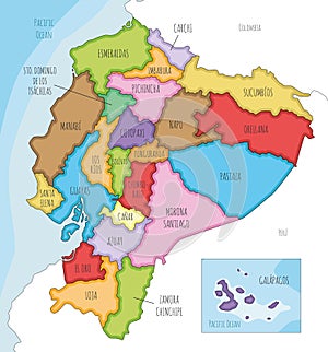 Vector illustrated map of Ecuador with provinces and administrative divisions, and neighbouring countries.