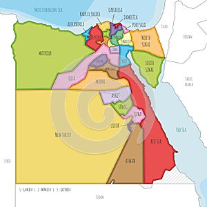 Vector illustrated map of Egypt with governorates or provinces and administrative divisions, and neighbouring countries.