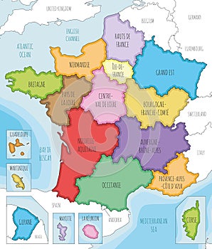 Vector illustrated map of France with regions and territories and administrative divisions, and neighbouring countries.