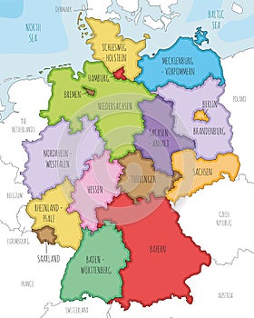 Vector illustrated map of Germany with federated states or regions and administrative divisions, and neighbouring countries.