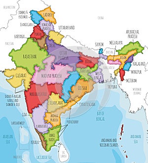 Vector illustrated map of India with states and territories and administrative divisions, and neighbouring countries