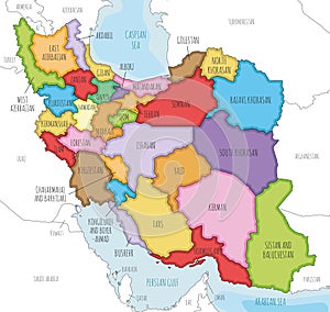 Vector illustrated map of Iran with provinces and administrative divisions, and neighbouring countries