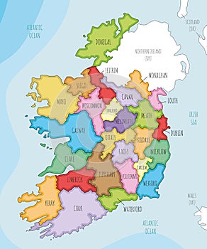 Vector illustrated map of Ireland with counties and administrative divisions, and neighbouring countries