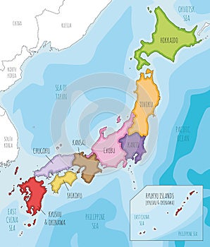 Vector illustrated map of Japan with regions and administrative divisions, and neighbouring countries