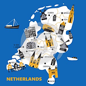 Vector illustrated map of Netherlands with main attractions