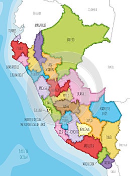 Vector illustrated map of Peru with departments, provinces and administrative divisions, and neighbouring countries.