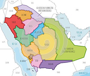 Vector illustrated map of Saudi Arabia with provinces and administrative divisions, and neighbouring countries