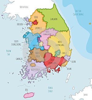 Vector illustrated map of South Korea with provinces, metropolitan cities and administrative divisions, and neighbouring countries