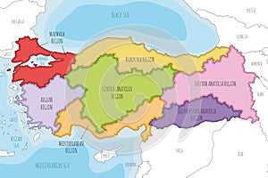 Vector illustrated map of Turkey with regions and geographical divisions, and neighbouring countries