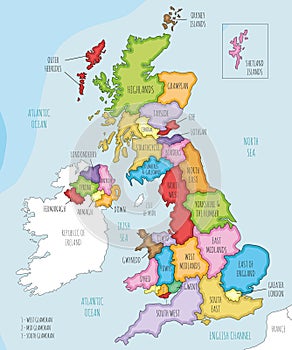 Vector illustrated map of UK with administrative divisions, and neighbouring countries. Editable and clearly labeled layers