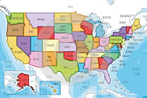 Vector illustrated map of USA with states and administrative divisions, and neighbouring countries. photo